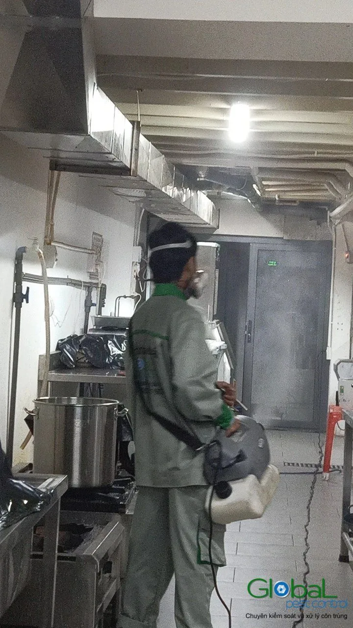 Kỹ thuật vi&ecirc;n phun thuốc diệt c&ocirc;n tr&ugrave;ng dọc ch&acirc;n tường bếp inox
