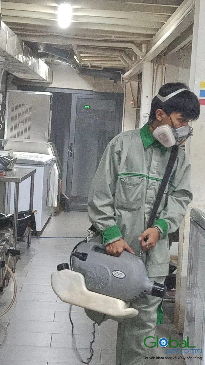 Kỹ thuật vi&ecirc;n đeo mặt nạ cầm m&aacute;y phun m&ugrave; lạnh trong khu bếp
