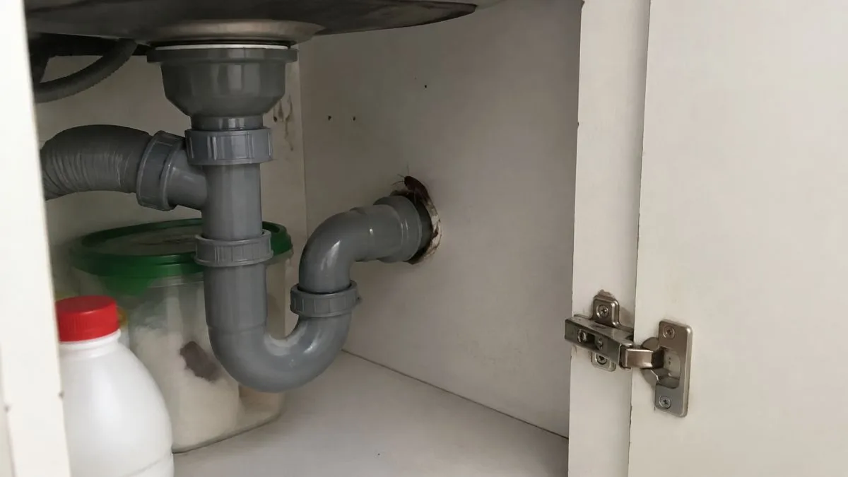 Gầm bồn rửa bếp c&oacute; đường ống tho&aacute;t nước, nơi gi&aacute;n v&agrave; kiến tr&uacute;