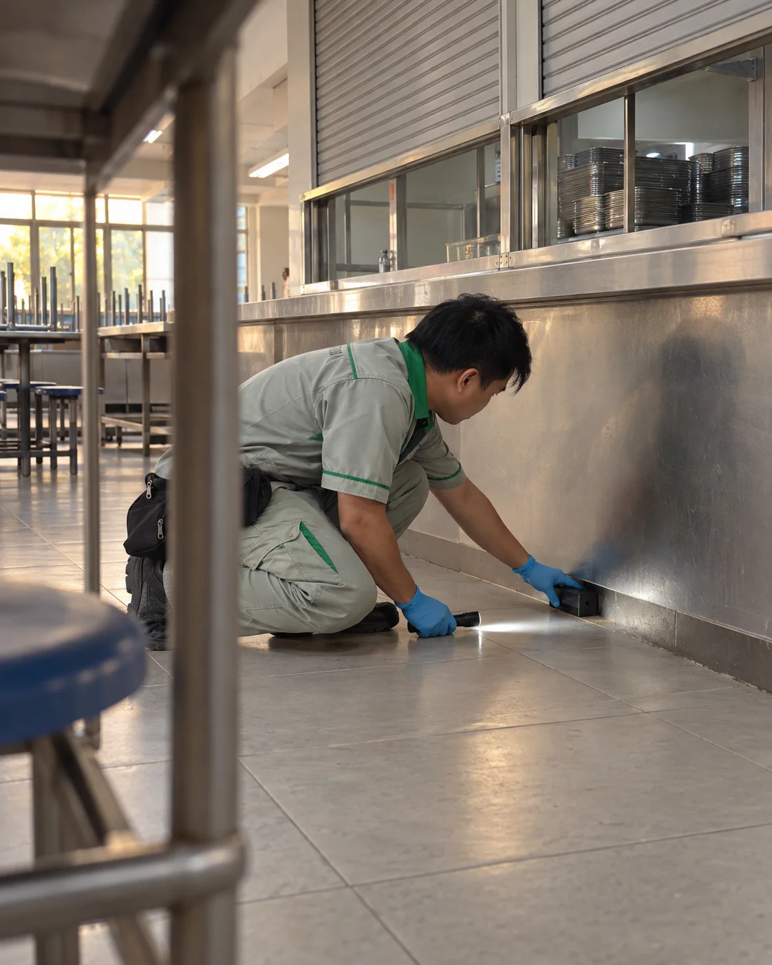 Kỹ thuật viên đặt bẫy dưới quầy inox cantin