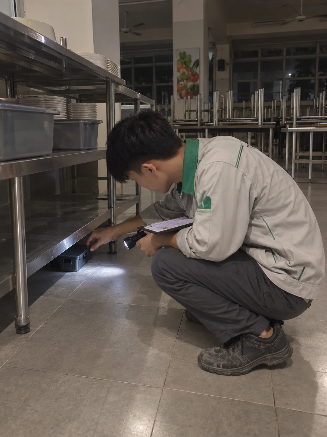 Kỹ thuật vi&ecirc;n soi đ&egrave;n kiểm tra hộp gi&aacute;m s&aacute;t chuột dưới gầm kệ cantin trường học