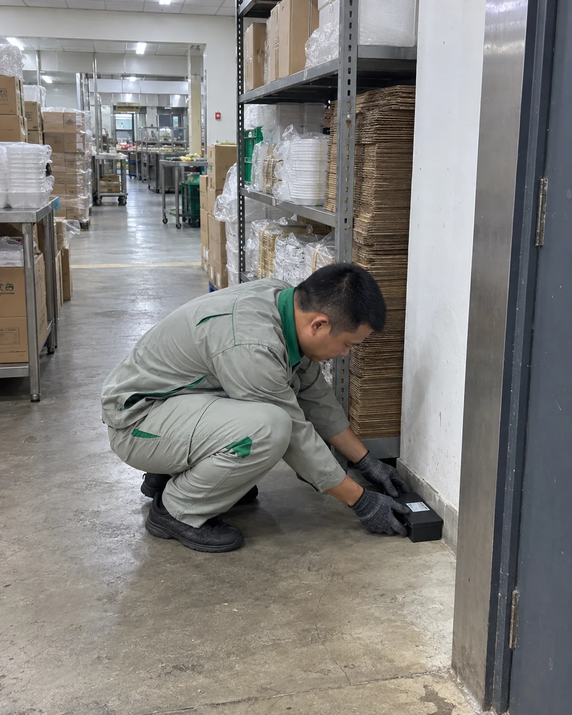 Kỹ thuật vi&ecirc;n đặt bẫy gi&aacute;m s&aacute;t ở g&oacute;c kho bao b&igrave;