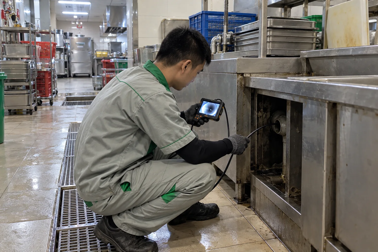 Kỹ thuật vi&ecirc;n đưa camera nội soi v&agrave;o khoang ống khu rửa bếp trung t&acirc;m