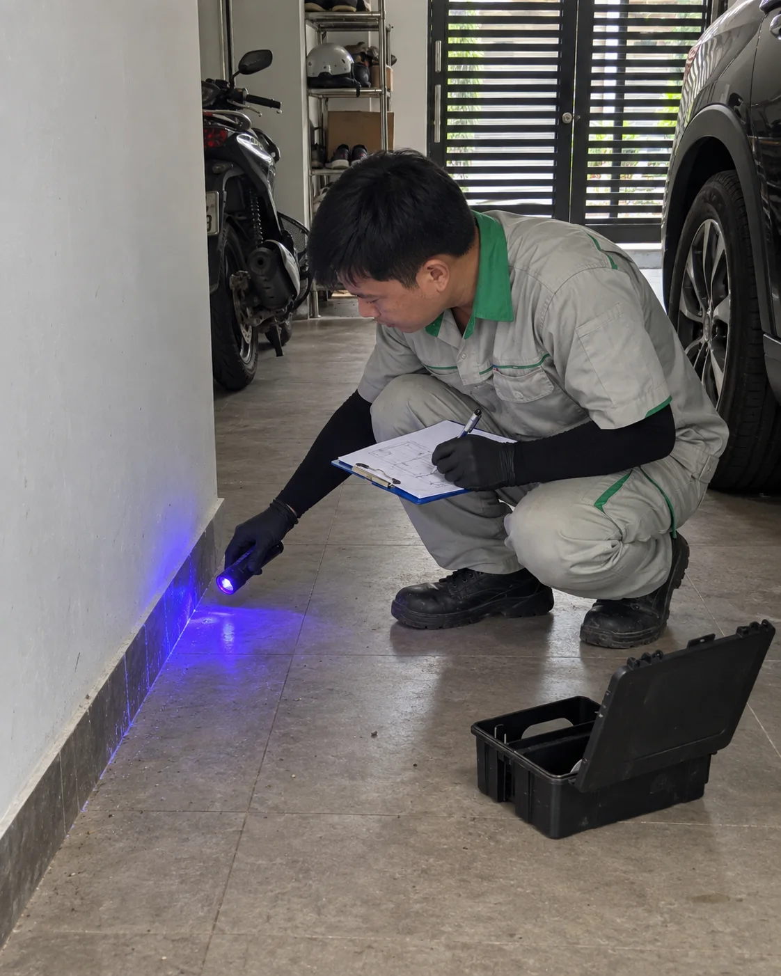 Kỹ thuật vi&ecirc;n soi đ&egrave;n UV truy dấu vết chuột ở g&oacute;c gara
