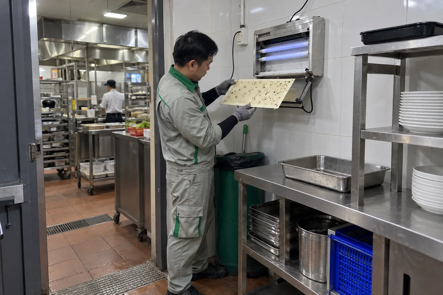 Kỹ thuật vi&ecirc;n kiểm tra tấm keo đ&egrave;n bắt ruồi ở bếp phụ kh&aacute;ch sạn