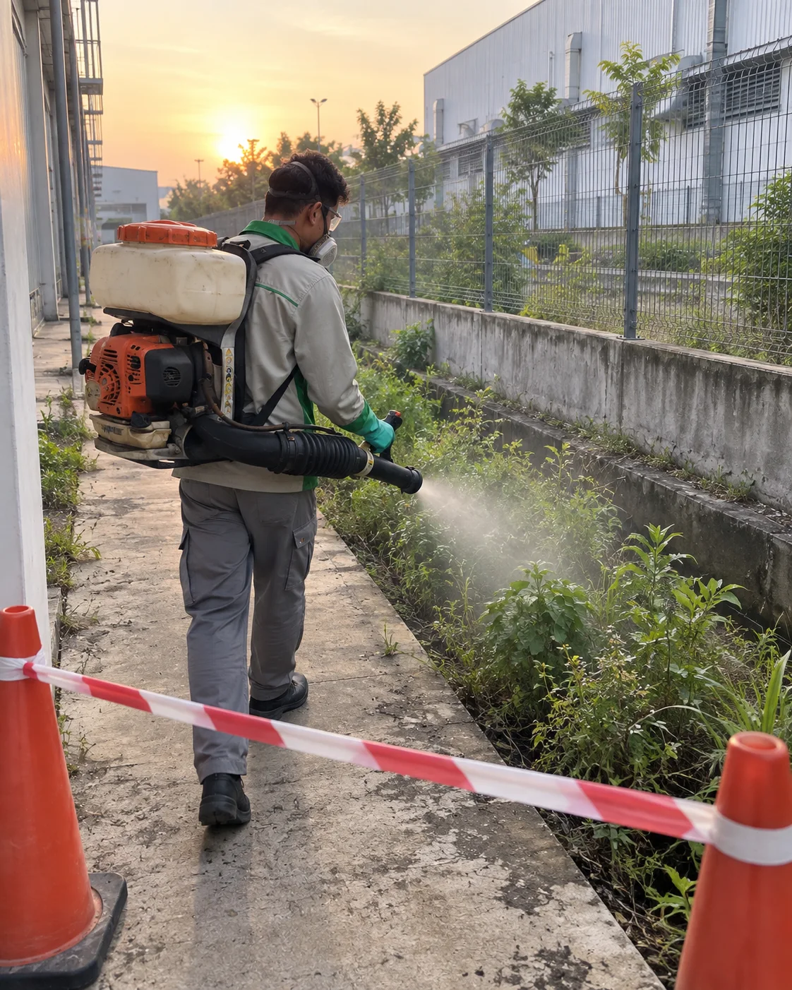 Kỹ thuật vi&ecirc;n phun sương mương nh&agrave; m&aacute;y c&oacute; cọc ti&ecirc;u v&agrave; d&acirc;y cảnh b&aacute;o
