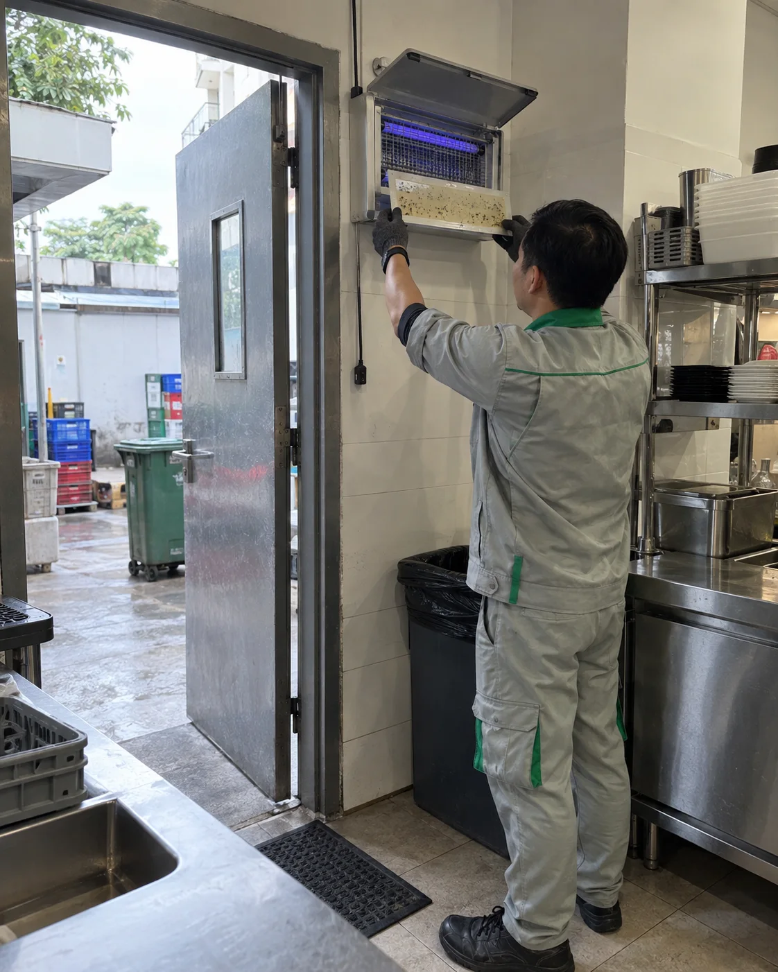 Kỹ thuật vi&ecirc;n kiểm tra tấm keo đ&egrave;n bắt ruồi ở cửa sau bếp nh&agrave; h&agrave;ng