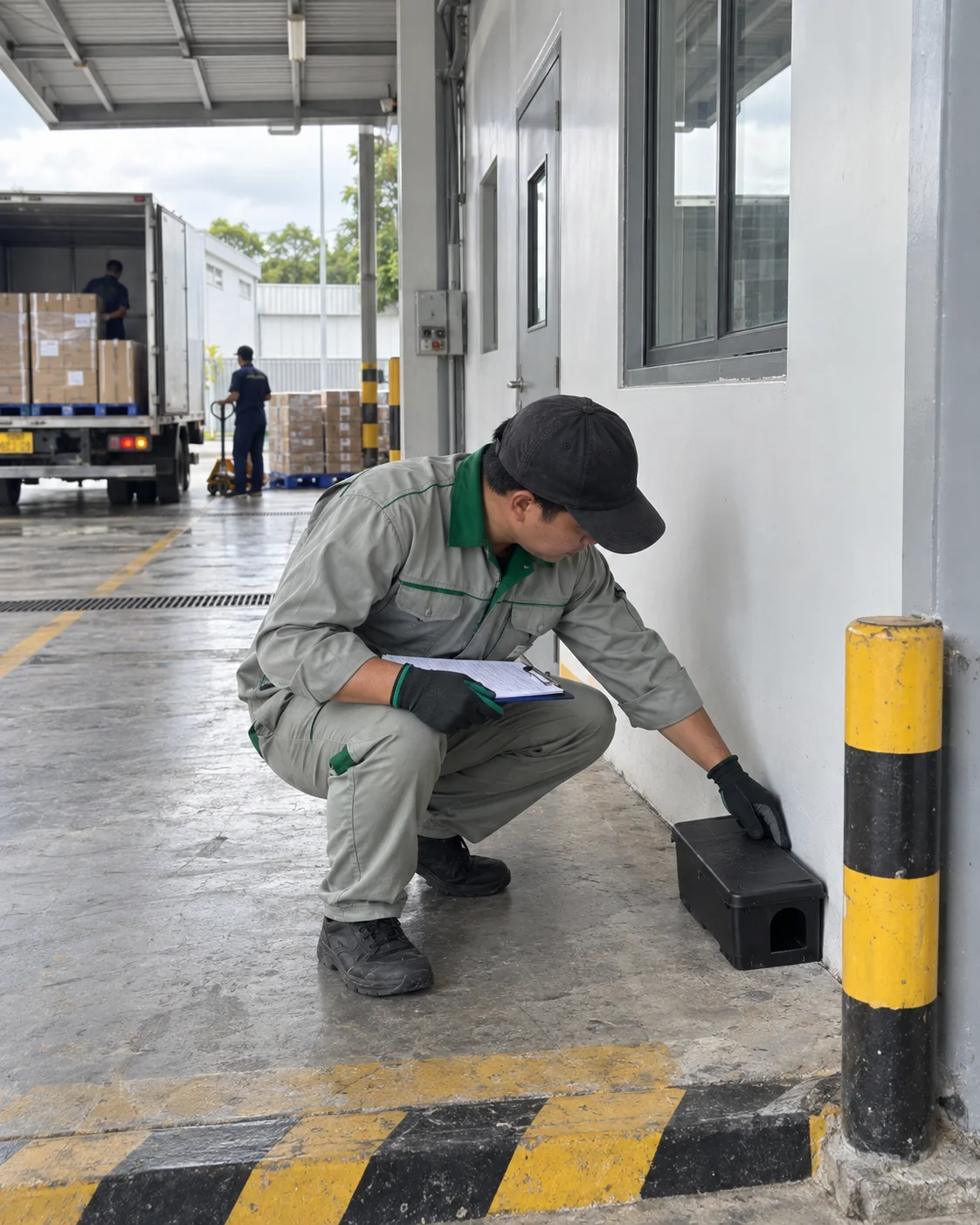 Kỹ thuật vi&ecirc;n đặt trạm bả chuột cạnh cửa giao nhận ngo&agrave;i v&ugrave;ng sạch nh&agrave; m&aacute;y dược