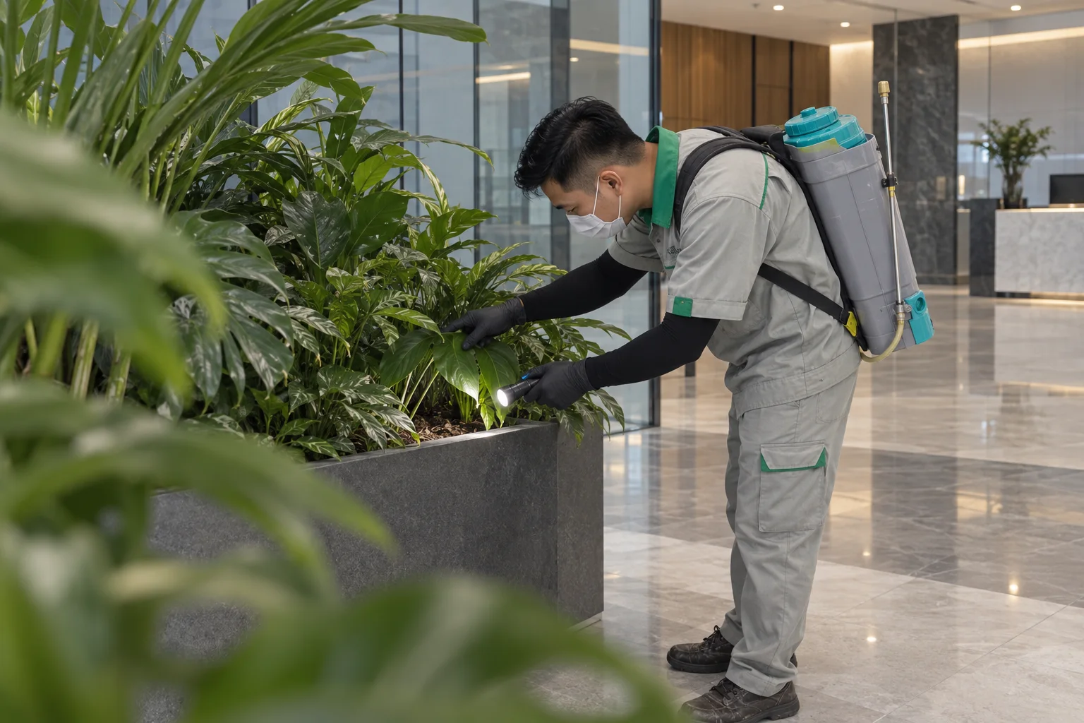 Toà nhà văn phòng: cây cảnh và khay nước cần kiểm hằng tuần